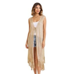 NKN Nekane Sheer Gold Sequin Tie Front Sleeveless Cardigan Fringe Boho Lux NWT